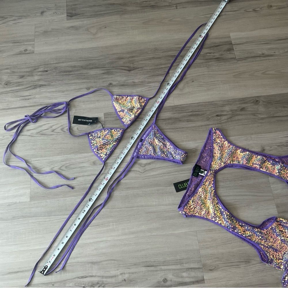 Club Exx x Dolls Kill sequin purple diva reef bikini with mega flare chaps XXL - Picture 6 of 12